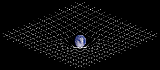 Curvatura del espacio-tiempo. Fuente: Wikipedia